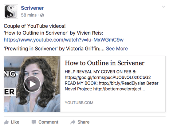 Scrivener delar en YouTube-video som användare kanske gillar på sin Facebook-sida.