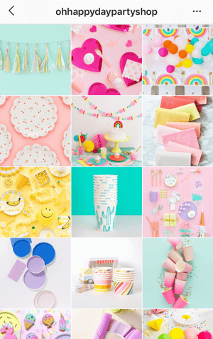 Hur du förbättrar dina instagramfoton, Instagram-feed-temaprov från Oh Happy Day Party Shop som visar en ljus färgpalett