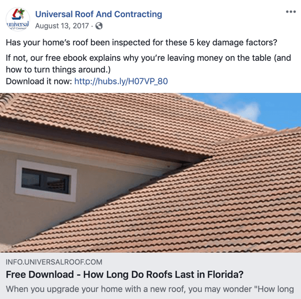 Exempel på en indirekt försäljningsnivå för en takläggning på Facebook.