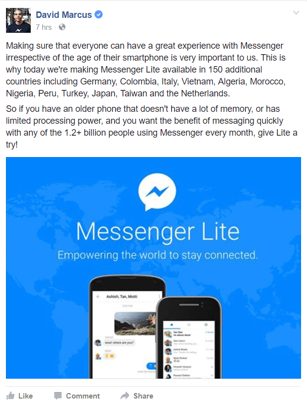 Facebook Messenger Lite är nu tillgängligt i fler länder runt om i världen.