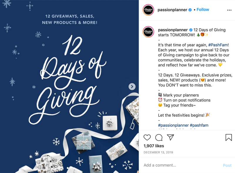 exempel på en instagram-giveaway-tävling för de 12 dagarna av att ge från @passionplanner som meddelar att giveawayen börjar nästa dag