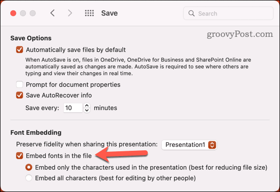 Bädda in PowerPoint-teckensnitt på Mac