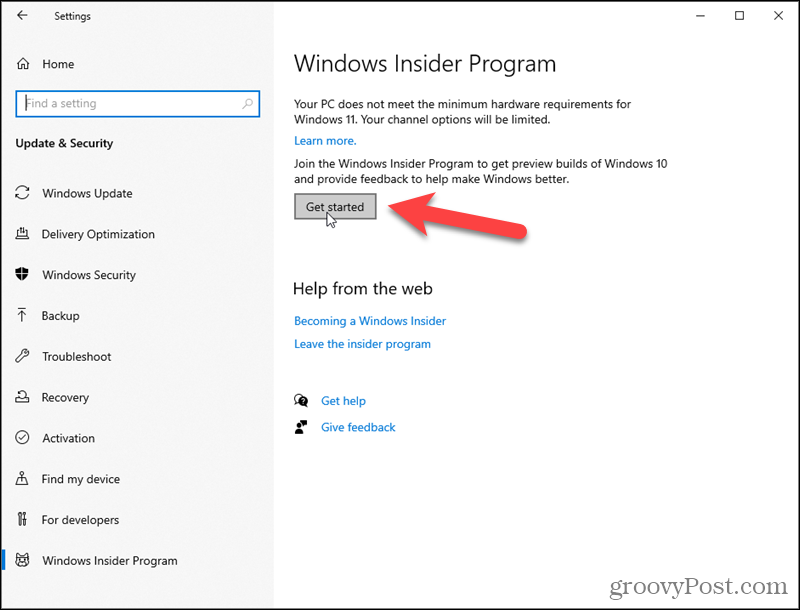 Klicka på Kom igång för Windows Insider-programmet