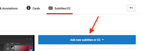 Öppna din YouTube-video i Video Creator och klicka på Lägg till nya undertexter eller CC.