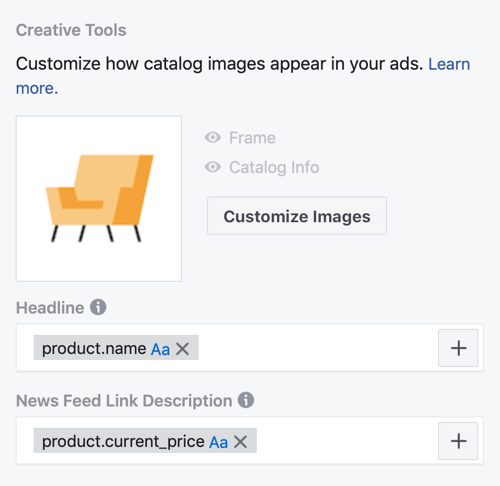 Använd Facebook Event Setup Tool, steg 30, menyalternativ för att anpassa hur katalogbilder visas i Facebook-annonser
