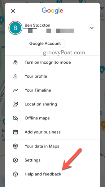 Öppna feedbackmenyn i Google Maps
