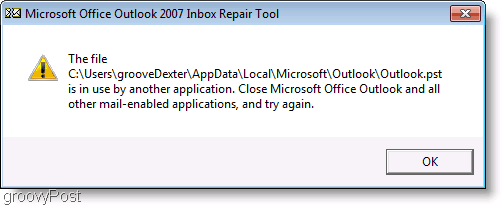 Skärmdump - Outlook 2007 ScanPST-reparationsmeddelande