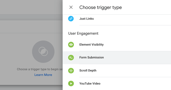 Använd Google Tag Manager med Facebook, steg 19, menyalternativ för att välja utlösartyp i Google Tag Manager