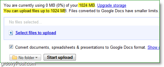 google docs ny uppladdning något gränsen är 1024 MB eller 1 GB