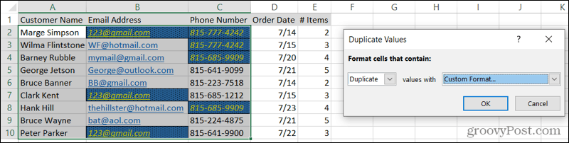 Anpassade formaterade duplikat i Excel