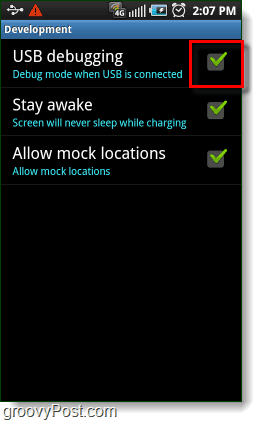 Android USB-felsökning, håll dig vaken och låt håna platser