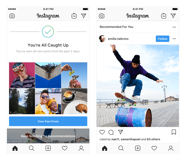 Instagram testar rekommenderade inlägg i flödet. Dessa rekommendationer är baserade på personerna du följer och foton och videor du gillar och kommer att visas i slutet av ditt flöde när du har sett allt nytt från personer du följer.
