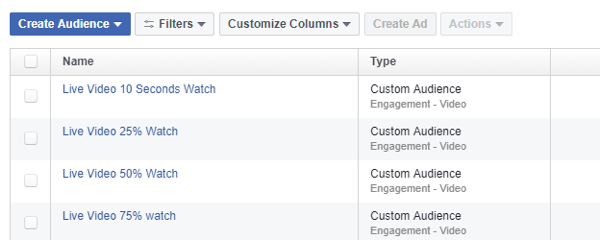 I Facebook Ads Manager använder du målgruppsverktyget för att definiera en målgrupp baserat på visningar av Facebook Live-videor.