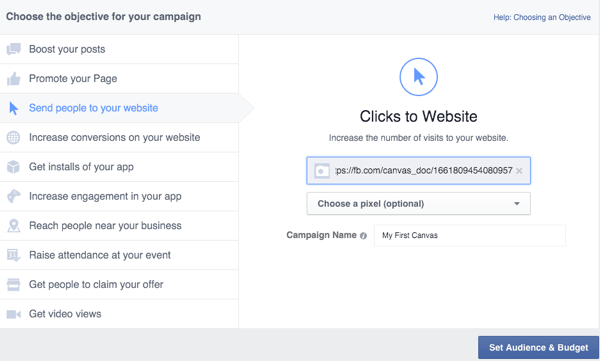 facebook canvas-annons inställd i ads manager