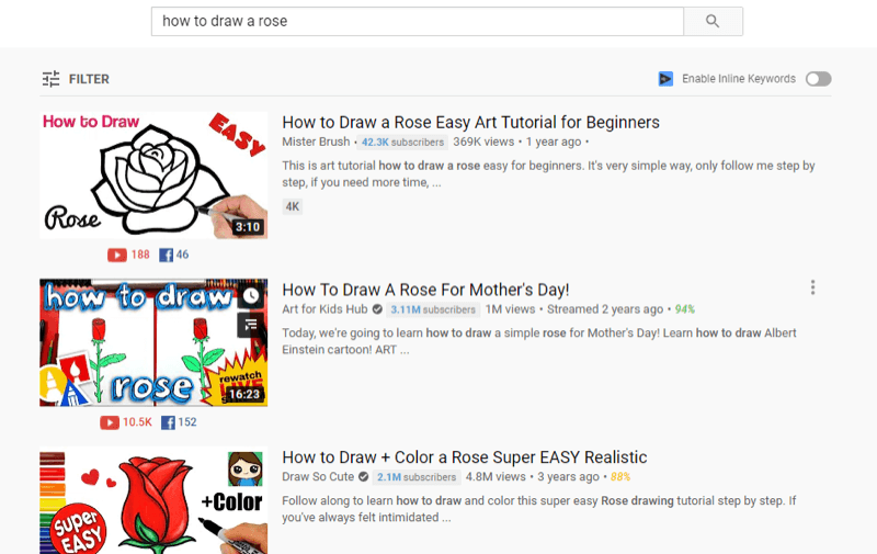 exempel på topp youtube-video i youtube-sökresultat för 'hur man ritar en ros'