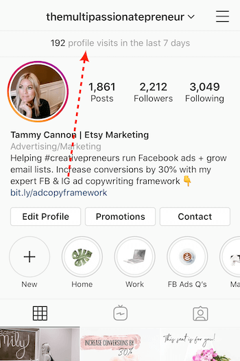antalet profilbesök listade högst upp på Instagram-affärsprofilen
