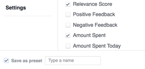 Spara dina Facebook-resultatinställningar som en mall.
