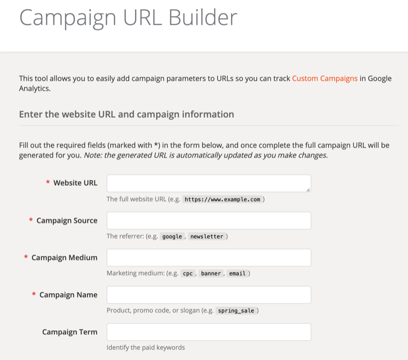 Inställningsskärmen för verktyget för Google Analytics-kampanj-URL-skapare