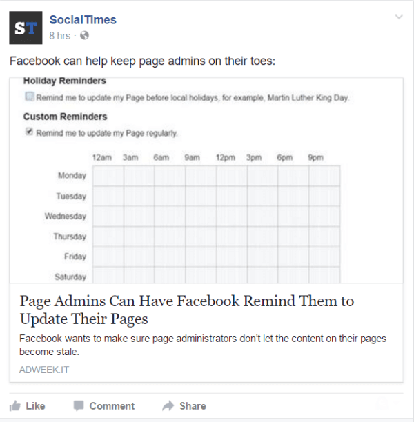 Facebook lägger till möjligheten att ställa in påminnelser för sidadministratörer.