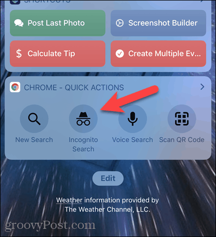 Klicka på Incognito Search i Chrome-widgeten på iOS