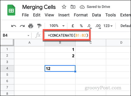 Exempel på en enkel CONCATENATE-formel i Google Sheets