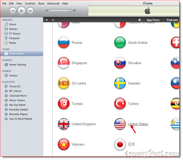 iTunes - Klicka på United State Flag
