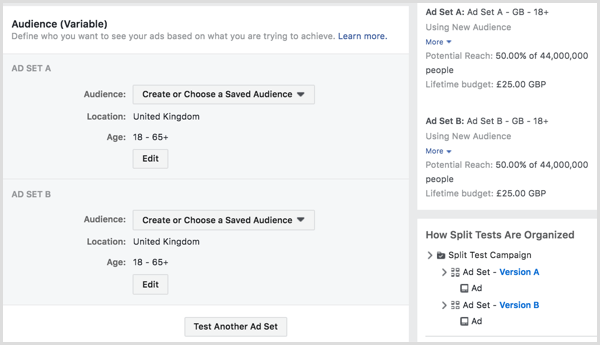 Delat test som kör dina Facebook-annonser till två eller flera målgrupper.