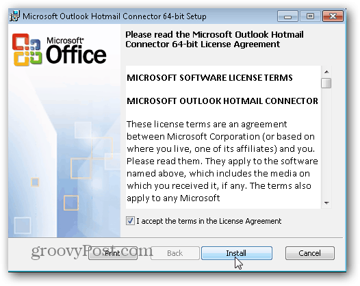 Outlook.com Outlook Hotmail Connector - Klicka på Installera