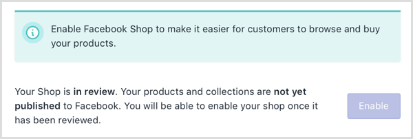Shopify visar ett onlinemeddelande om att din Facebook-butik är under granskning.