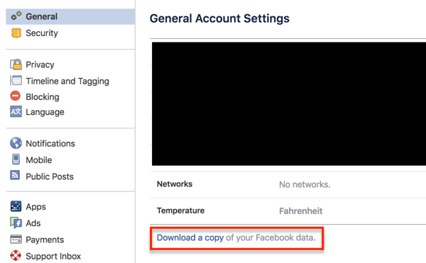 Klicka på länken för att ladda ner dina Facebook-profildata.