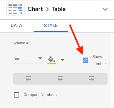 Använd Google Data Studio för att analysera dina Facebook-annonser, steg 23, alternativ för att visa antal för varje mätvärde