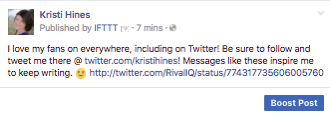 Så här ser en gillad tweet ut när den delas till din Facebook-sida via IFTTT.