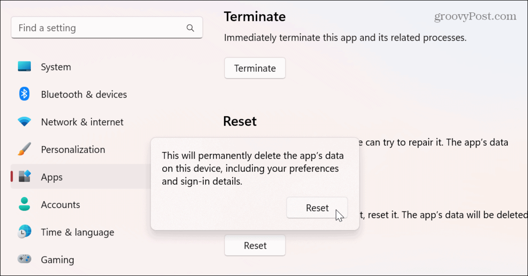 Återställ appen Inställningar på Windows 11
