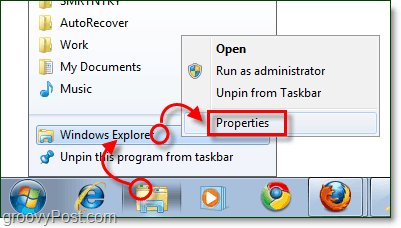 justera egenskaperna för genvägen för Windows Explorer-aktivitetsfält