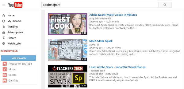 Adobe gnista sökning på YouTube