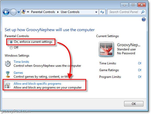slå på föräldrakontroller i Windows 7 för en specifik användare och sedan tillåta och blockera specifika program