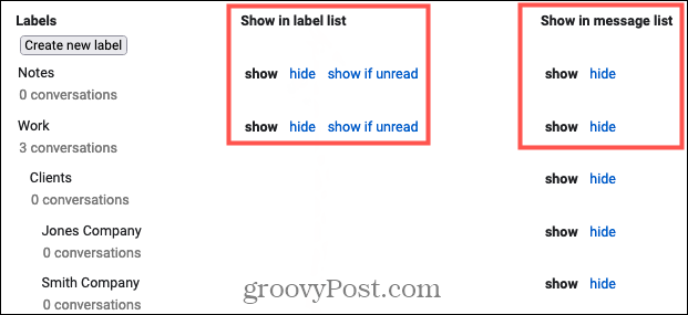 Visa eller dölj etiketter i Gmail