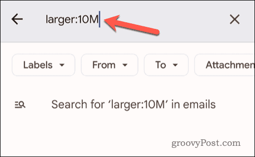 Ställa in e-poststorlekskriterier i Gmails sökfält på mobilen