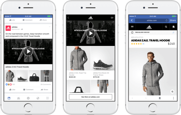 Med Facebooks nya annonsformat för samling kan varumärken innehålla en primär video eller bild som leder till en uppslukande, snabb laddad shoppingupplevelse på Facebook. 