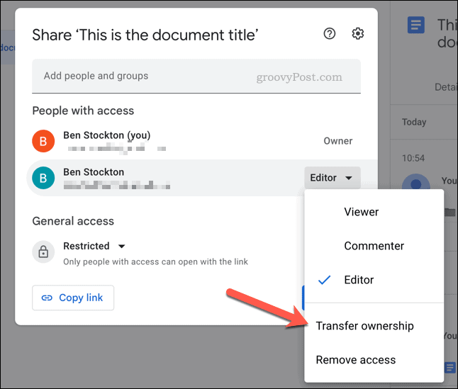 Överför äganderätten till en fil i Google Drive