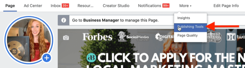 exempel på Facebook-företagssida i Facebook-affärschef med publiceringsverktyg menyalternativ markerat