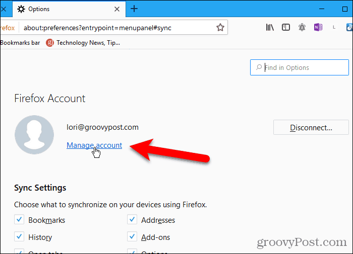 Klicka på Hantera konto i Firefox för Windows