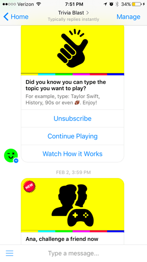 Trivia Blasts chatbot fokuserar på trivia-spel som användare kan spela, men upprätthåller också en hög interaktion med alternativ som 