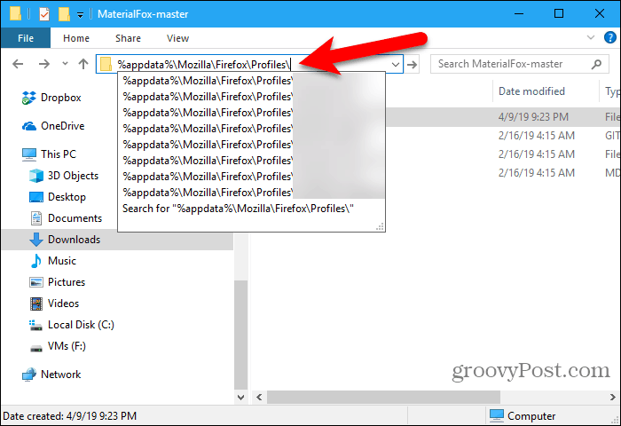 Klistra in profilväg i File Explorer