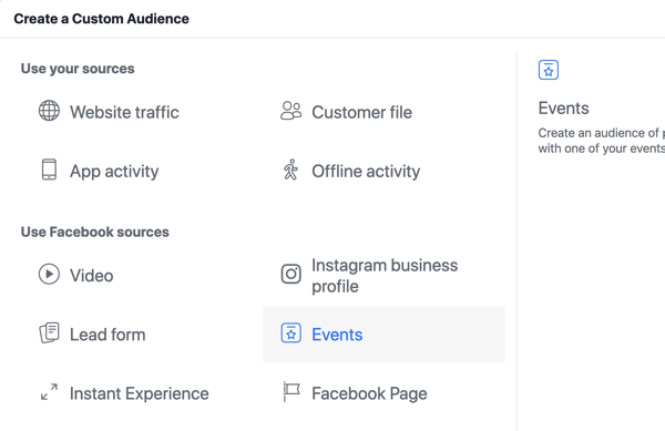 Hur du marknadsför ditt liveevenemang på Facebook, steg 10, skapar en anpassad målgrupp i Facebook Ads Manager baserat på sidvisningar för evenemang