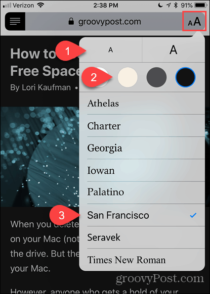 Ändra teckensnitt och färg i Reader View i Safari för iOS