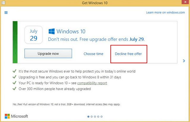 Microsoft gör det enkelt att avslå Windows 10 gratis uppgradering