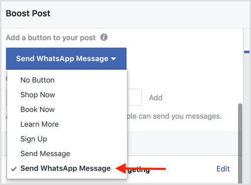 Välj alternativet Skicka WhatsApp-meddelande när du förstärker ett Facebook-inlägg.