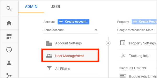 Klicka på Användarhantering i administratörsinstrumentpanelen för Google Analytics under Konto.