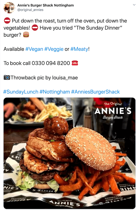 skärmdump av Twitter-inlägg av @original_annies med en bild av en hamburgare och sötpotatisfries under en fängslande beskrivning, deras telefonnummer, bildkredit och hashtags
